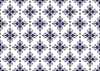 dark blue symbol floral on White background, ethnic fabric seamless pattern, design for cloth, carpet, batik, wallpaper, wrapping etc.
