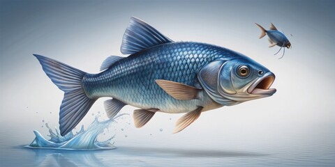 Fototapeta premium Blue fish catching fly in mid-air, blue fish, catch, fly, underwater, predator, hunting, wildlife, aquatic, marine life, ocean, water