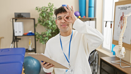 A handsome man with a beard making an okay gesture while holding a clipboard in a bright physiotherapy clinic room.