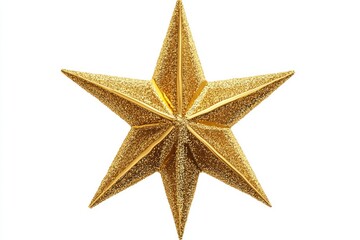 Eight pointed gold Christmas star on white background. Top view.