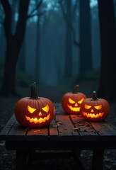 Halloween Jaock O lantern pumpkins on an old wooden table in a spooky forest at night