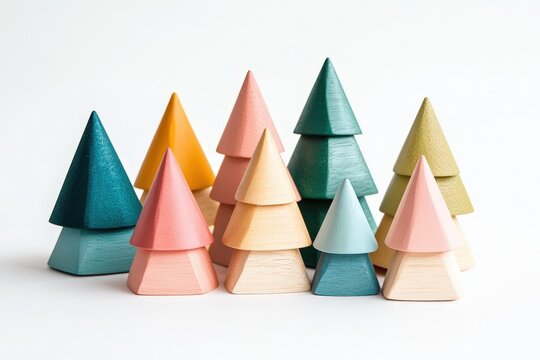 Groupe de petits sapins en bois color&eacute;s avec forme conique