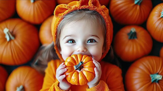 happy girl wearing orange Halloween costume with pumpkins stack eating some snack