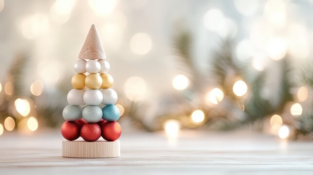Sapin conique en bois avec boules pastel et d&eacute;cor festif