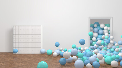 Colorful balloons flying in the room. 3D illustration, 3D rendering	