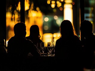 Elegant Evening Dining: A Group Silhouette in a City Restaurant