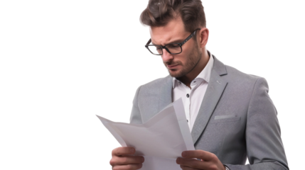 Businessman Reading Financial Report on Clear White Background