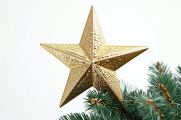 Golden Christmas Star atop tree  close up render on white.