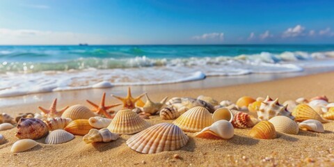 Seashells scattered on sandy beach with gentle sea waves , seashells, sand, beach, sea waves, nature, tropical, shore