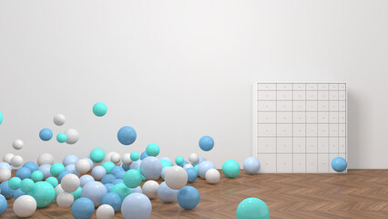 Colorful balloons flying in the room. 3D illustration, 3D rendering	
