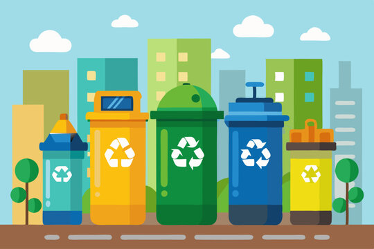 Contenedores de reciclaje de diferentes colores en una ciudad, con edificios de fondo, representando la separaci&oacute;n de residuos y el reciclaje urbano.
