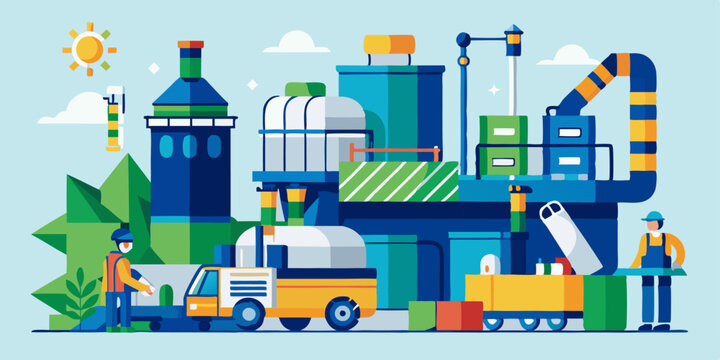  Planta de reciclaje con maquinaria pesada y trabajadores manejando materiales reciclables, enfocada en la gesti&oacute;n de residuos y sostenibilidad.