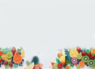 Paper crafted fruit and a cocktail glass on a white background.