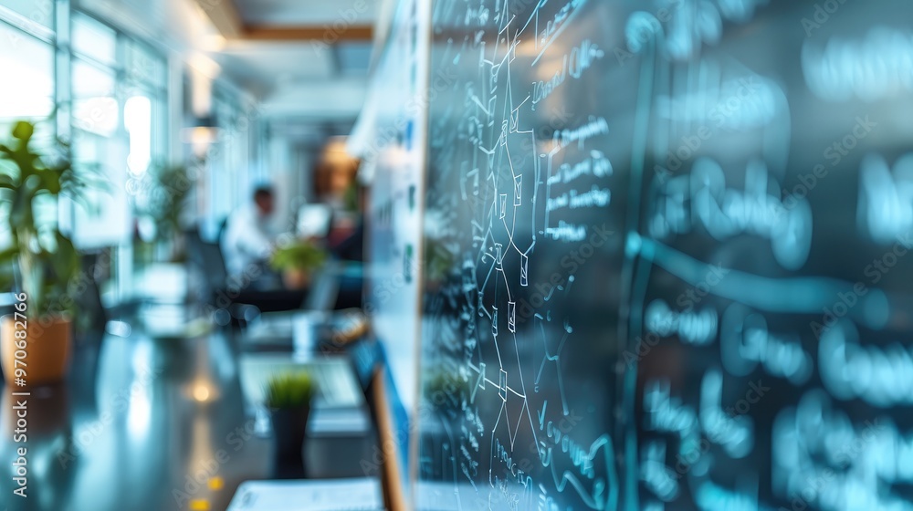 Aufkleber Business strategy flowchart drawn on a whiteboard in a conference room, collaborative planning session in progress, modern professional setting. Generative AI.