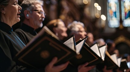 Obraz premium A group of people are singing in a church