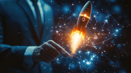 Businessman launching a glowing rocket surrounded by a network of connections.