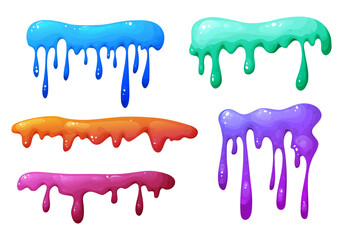 Splat slime mucus collection . Sticky liquid goo spots and blobs. Colorful jelly cartoon snot and smudges. Vector illustration isolated on white background