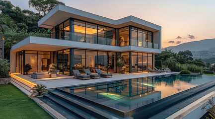 A stunning luxury home with large glass windows, a beautiful garden, and a modern swimming pool, illuminated by soft evening lights. Warm, sunset lighting. A background distant mountain range. © visoot