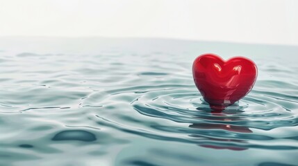 Fototapeta premium 3D heart shaped water floating on water, symbolizing love and romance, isolated on a blue background with elements of summer, nature and Valentine's Day holiday themes.