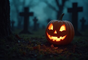 Fototapeta premium A Jack O lantern on the soil of a creepy cemetery at night, copy space on a side - Halloween