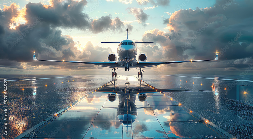 Poster luxurious plane taking off on a glass mosaic runway. generative ai.