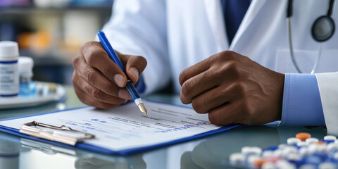 Focused doctor writing prescription in office filled with medications, prioritizing patient's health