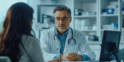 Obraz premium Doctor listens and explains to a patient in a modern office, exuding trust and empathy. The scene emphasizes effective communication and a strong relationship
