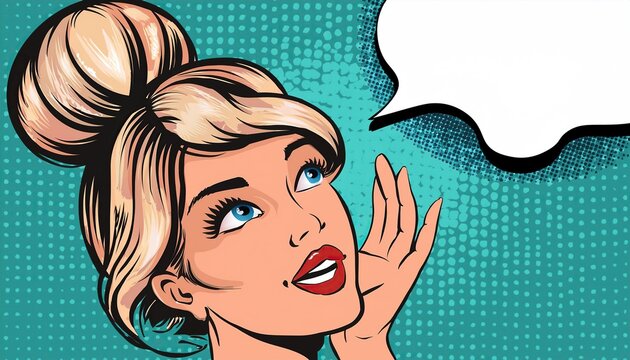 Vintage pop art style woman with thoughtful expression and speech bubble