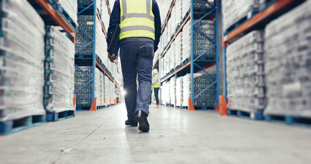Walking, warehouse and back of logistics worker with quality assurance, stock control or inspection...