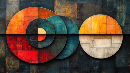 Abstract geometric artwork featuring colorful circular patterns.