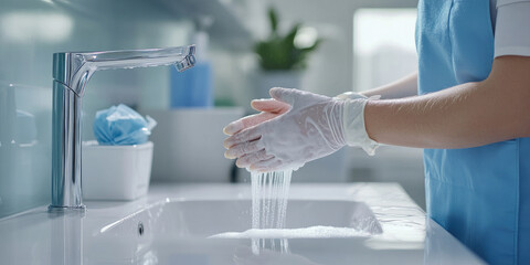 Doctor washing hands in a hospital bathroom before surgery, focusing on hygiene to keep safe and healthy. Shows importance of handwashing in healthcare