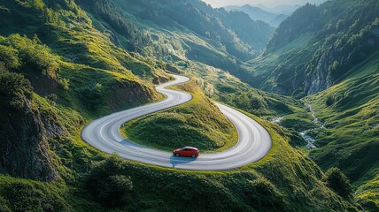 Car driving along a winding mountain road, Road trip, adventurous and scenic