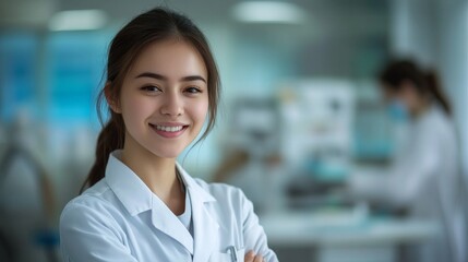 The young woman in a lab coat radiates confidence as she smiles at the camera, standing in a busy laboratory with another researcher focused in the background