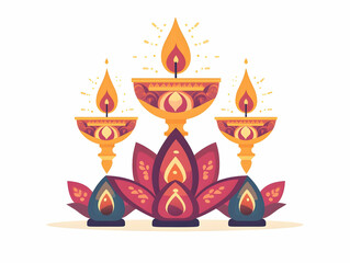 Flat Vector Illustration of Diwali Diya and Lotus Motif Isolated on White Background, Symbolizing Purity and Cultural Festivity for Smart Business Use
