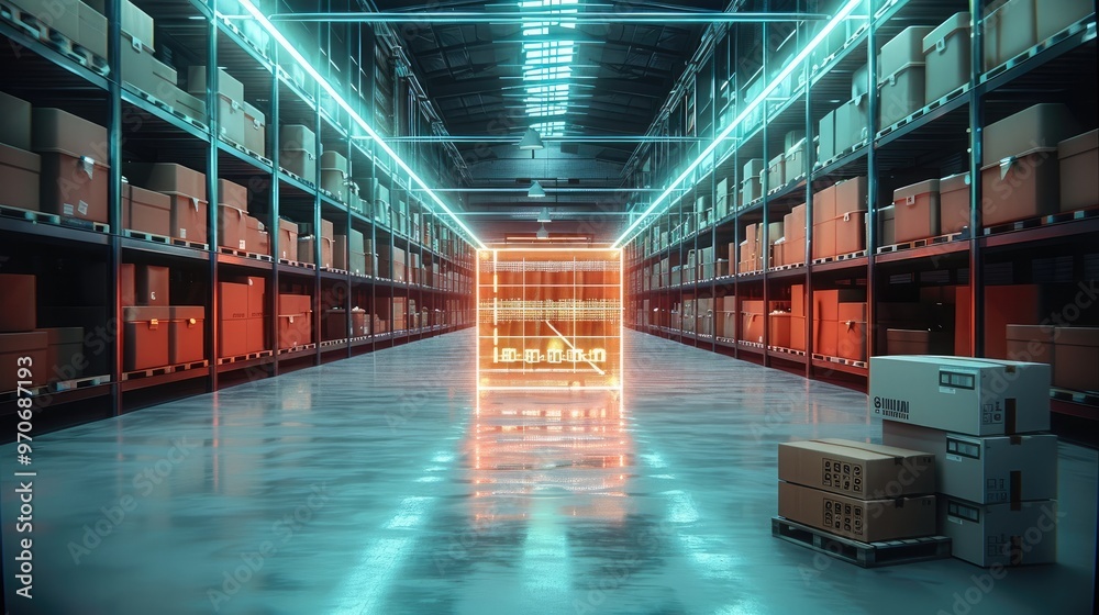 Leinwandbilder A high-tech warehouse with numerous boxes stacked on the shelves and pallets, big data visualization on glass walls showing rows of virtual screens displaying real-time delivery infographics.