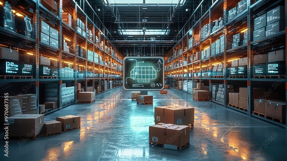 Leinwandbilder A high-tech warehouse with numerous boxes stacked on the shelves and pallets, big data visualization on glass walls showing rows of virtual screens displaying real-time delivery infographics.