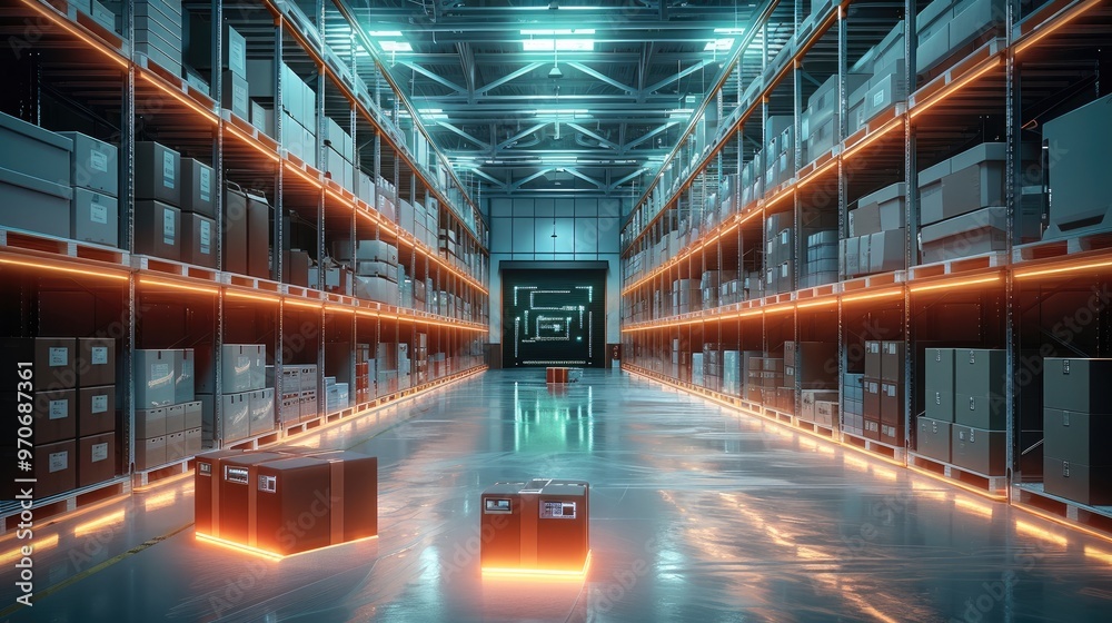 Leinwandbilder a high-tech warehouse with numerous boxes stacked on the shelves and pallets, big data visualization