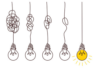 Light bulbs with confused concept of chaos. Complex way from start to idea. Tangle clarity or path in hand drawn style. Vector illustration