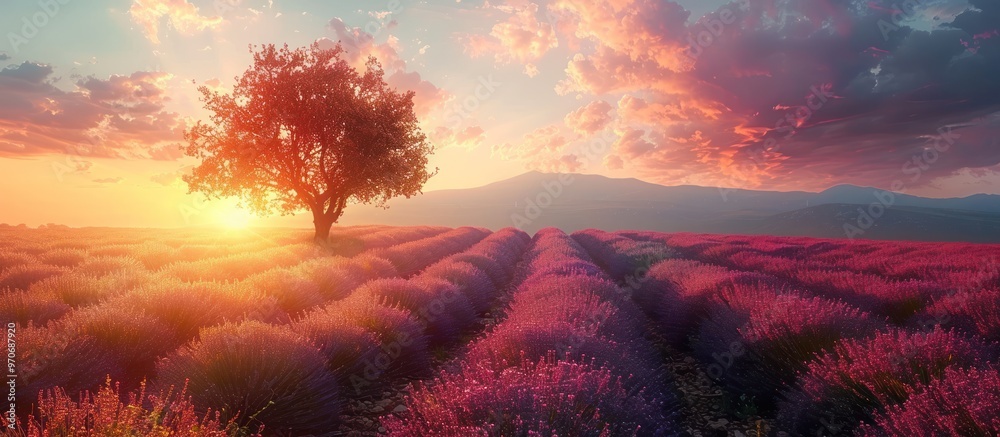 Wall mural Sunrise over Lavender Fields with a Solitary Tree