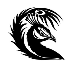 Peacock bird icon with tail feather on white background.