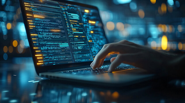 Developing programmer, software developer coding computer code on laptop computer. Digital software development. Website and mobile app design and coding technologies.
