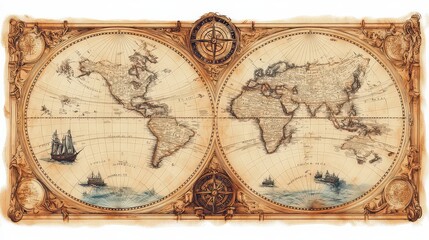 Naklejka premium antique world map with intricate detailing, showcasing ships and compass roses, offering a glimpse into historical exploration and navigation routes.