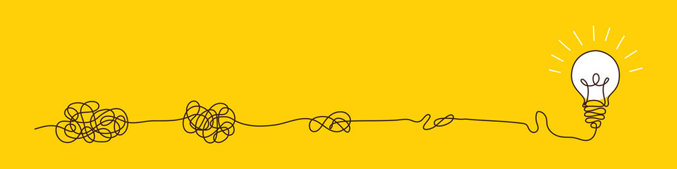 Confusion clarity or path concept idea with lightbulbs. Journey of tangled wires leading to a bright bulb. Business solutions searching. Vector illustration