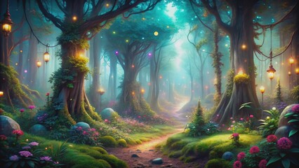 Stunning fantasy of a magical forest with glowing creatures and mystical plants , fantasy,magical, forest, glowing