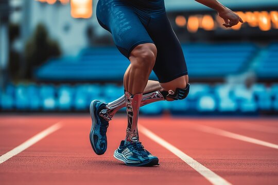 Asian athletes are disabled with prosthetic blades running at stadium
