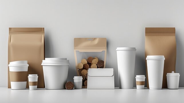 Various blank paper packaging items for food and beverages, artistically arranged on a plain background. The composition highlights the versatility and clean design. Generative AI.