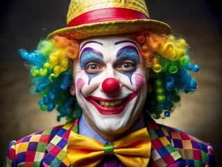 Clown. Portrait of Funny face comedian Clown man in colorful costume wearing wig standing posing smiling to camera. Happy expression amazed bozo in various pose on isolated background.