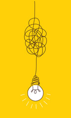 Solution concept of chaos in thoughts with hanging light bulbs with one glowing. Complex problem solving process in hand drawn style. Vector illustration