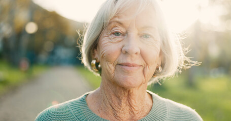 Senior, woman and smile in portrait outdoor for morning walk, wellness and confidence in...