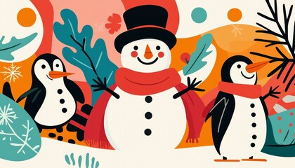 A funky winter wonderland collage with groovy cartoon snowmen, penguins, and ice skaters
